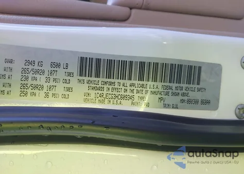 2017 Jeep Grand Cherokee Overland 4X2 z USA, uszkodzony, nr VIN 1C4RJECG3HC609345